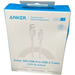 Anker 322 USB-A to USB-C Cable 10ft Braided White Fast Charging New Sealed